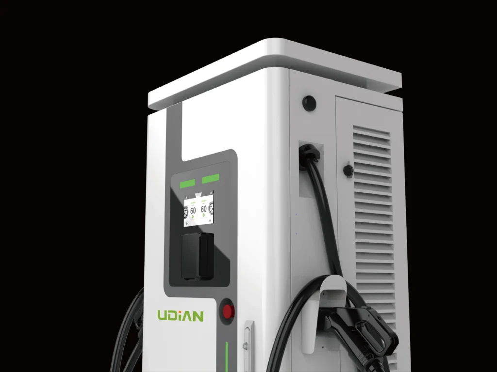 A close-up of a high-end DC charging station from the right, showing the industrial design and side interface panel.