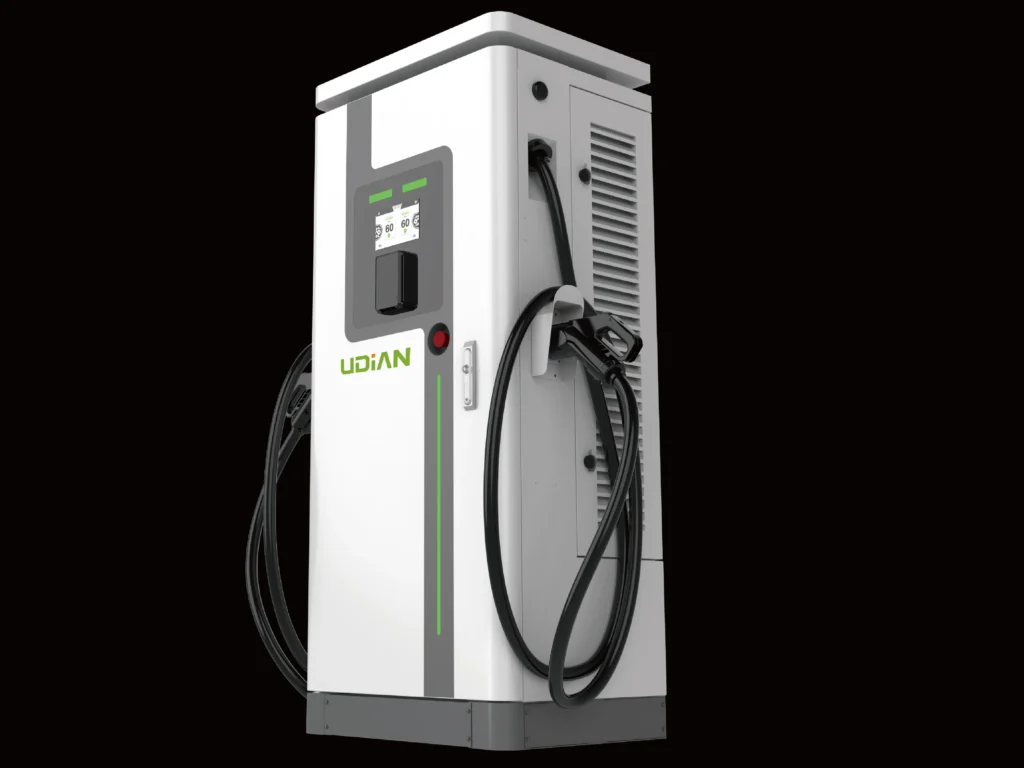 The overall appearance of the right side of the UDB-200 DC charging pile, showing its sturdy industrial design and user-friendly interface