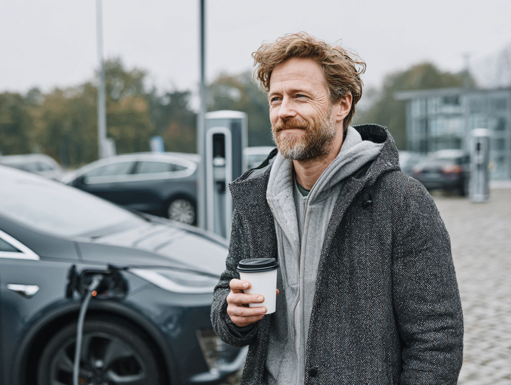 Man charging his electric car at a public charging station in a parking lot