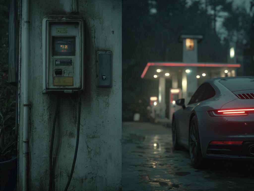 From lonely waits to bustling hubs: The evolution of electric vehicle charging technology. The image on the left shows the era of slow charging relying on household outlets, while the image on the right showcases the convenience and efficiency brought by today's high-speed charging network, a monumental leap in technology.