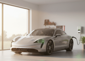 A modern Level 2 electric vehicle charger hangs neatly on the wall, its LED indicator glowing a steady green.