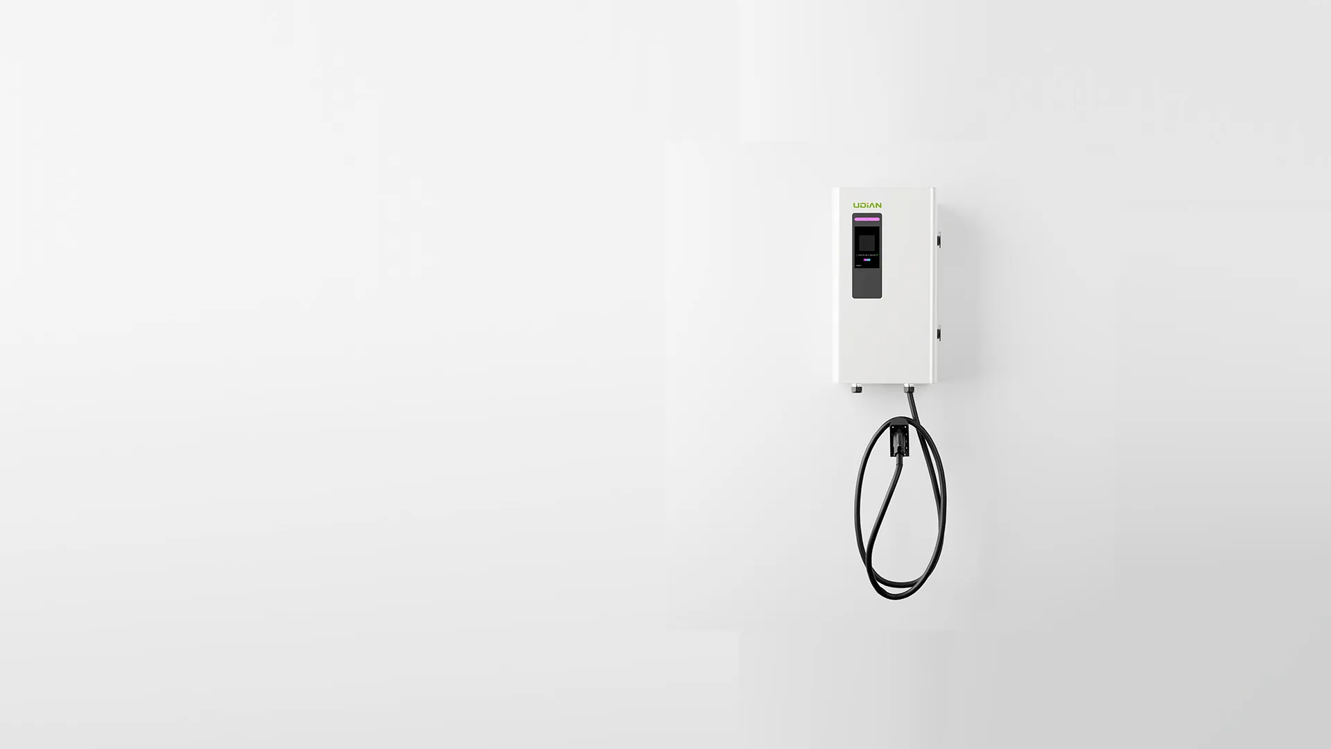 Single-port 20kW 30kW DC fast EV charger wallbox front view for commercial fleet and workplace garage parking