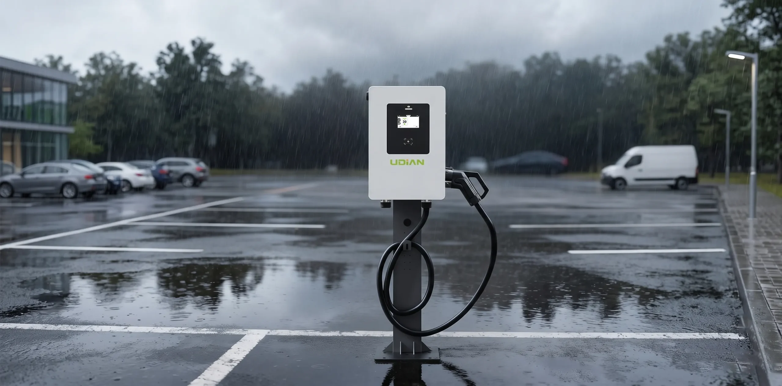 IP54 waterproof 20kW 30kW 40kW DC fast charger installed in an outdoor rainy parking lot, demonstrating all-weather commercial EV charging infrastructure.