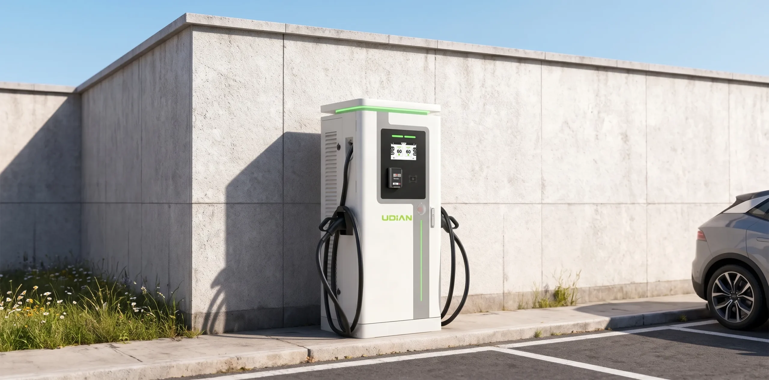 Floor-mounted 60kW 120kW 180kW commercial DC fast charger installed back-to-wall in an outdoor parking spot, showing dual charging guns and a modern user interface.
