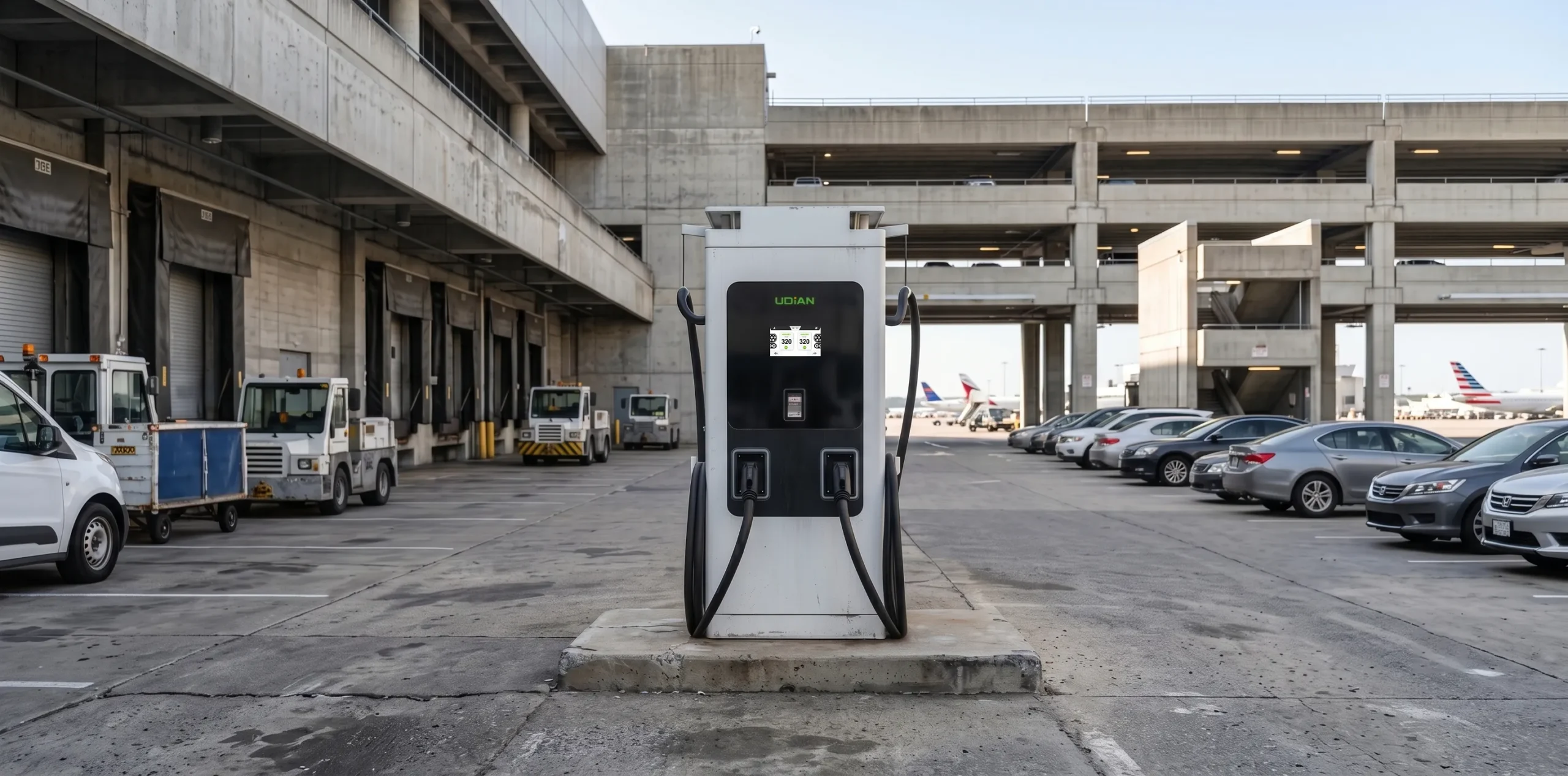 Heavy-duty floor-mounted 240kW 360kW 480kW ultra-fast DC charging station with an integrated cable management system, deployed at an airport logistics and commercial fleet parking hub.