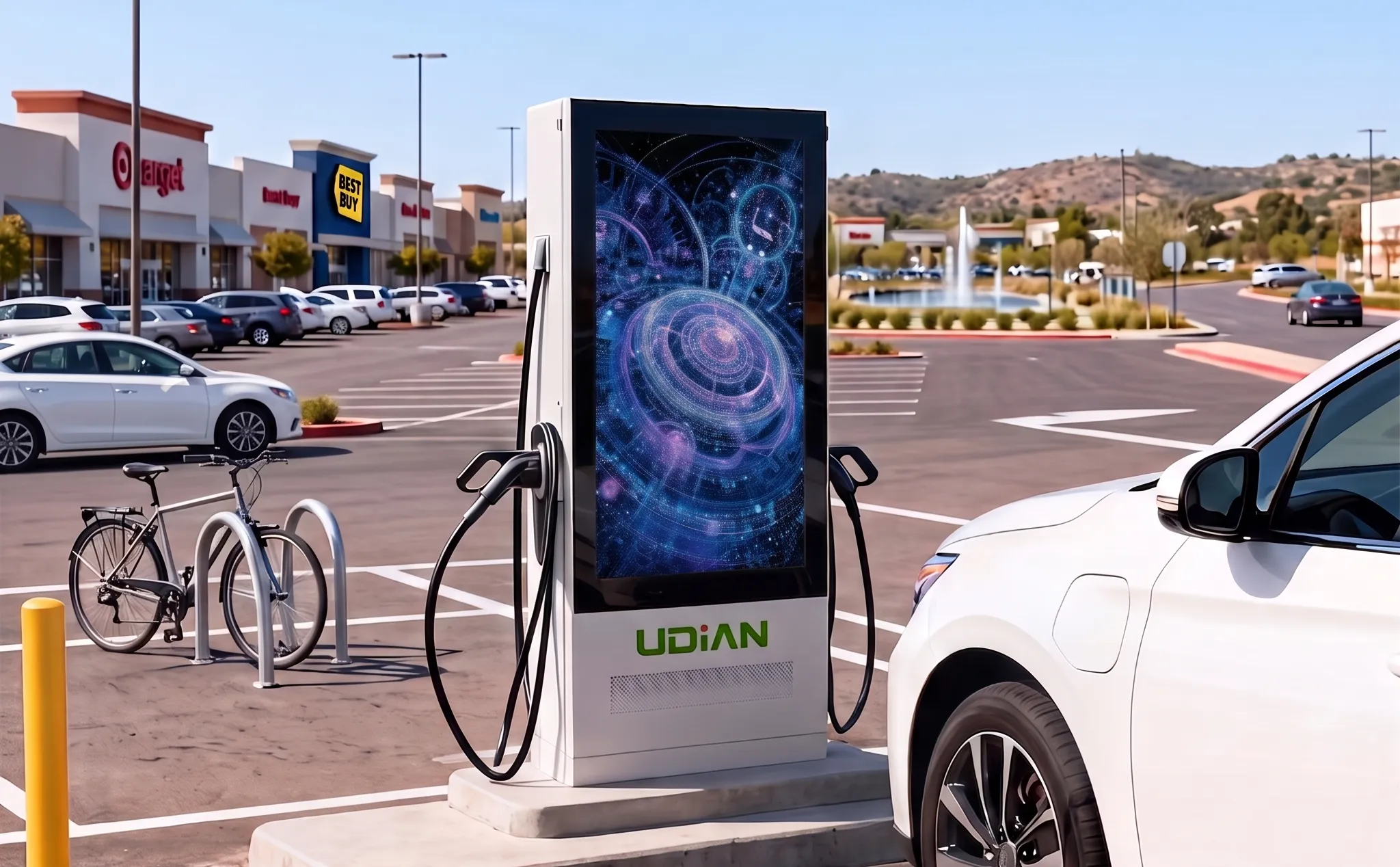 A floor-mounted commercial EV charging station featuring a 55-inch 2500nits high-brightness advertising display screen, installed in a bustling retail shopping mall parking lot.