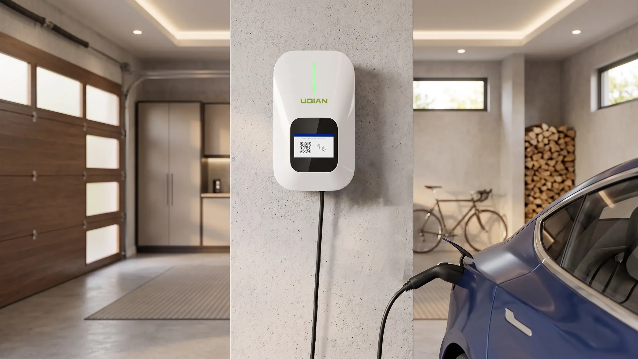 Single-port wall-mounted AC EV charger wallbox installed in a residential home garage for private vehicle charging