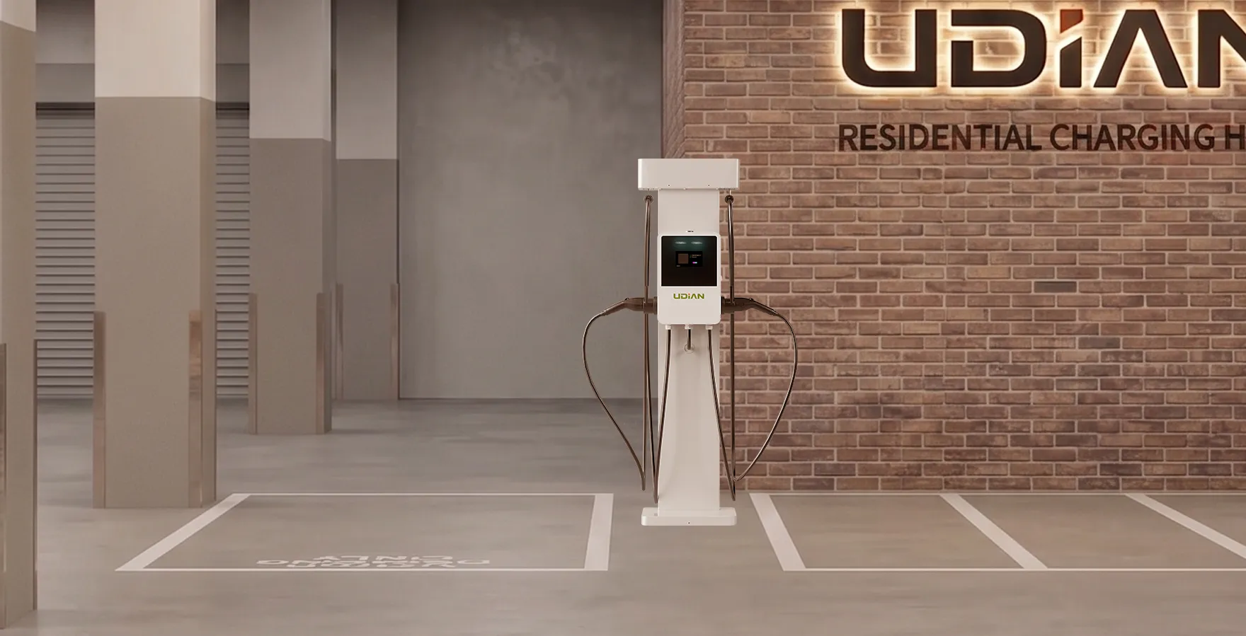 Pedestal dual-port AC EV charger with cable management system installed in an underground basement parking garage