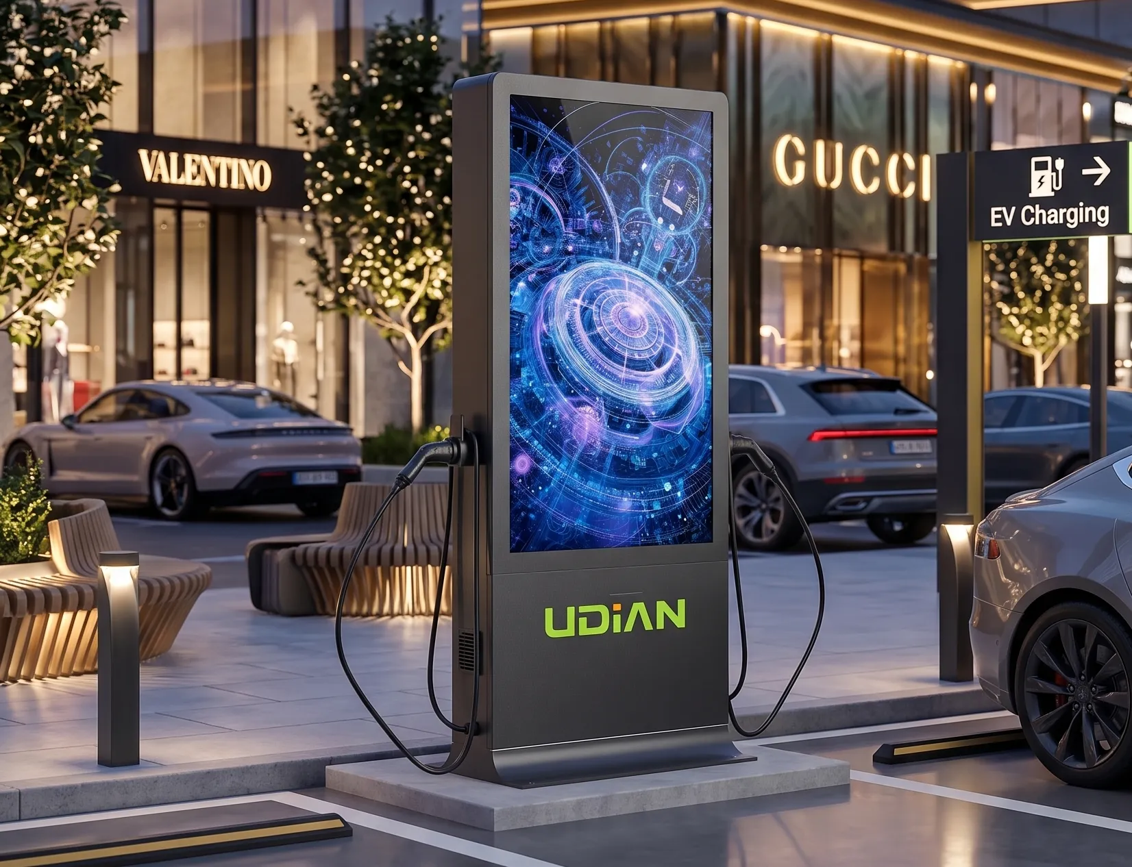 AC EV charging station with advertising signage screen installed at a shopping mall outdoor surface parking lo