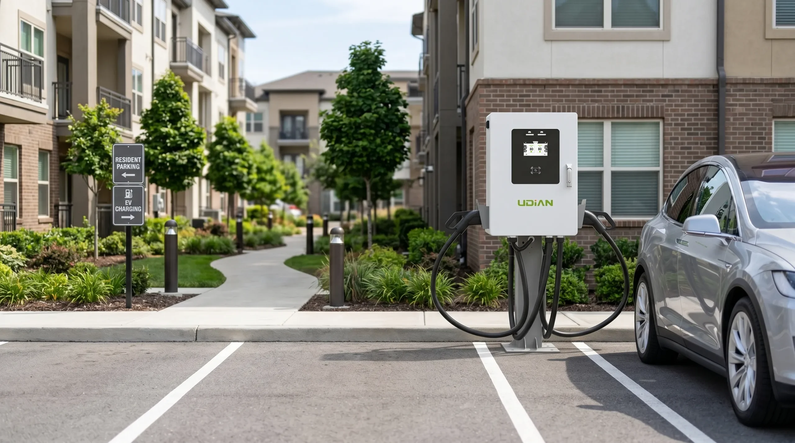 Pedestal-mounted dual-port DC fast charger front view standing between two parking bays in a commercial lot