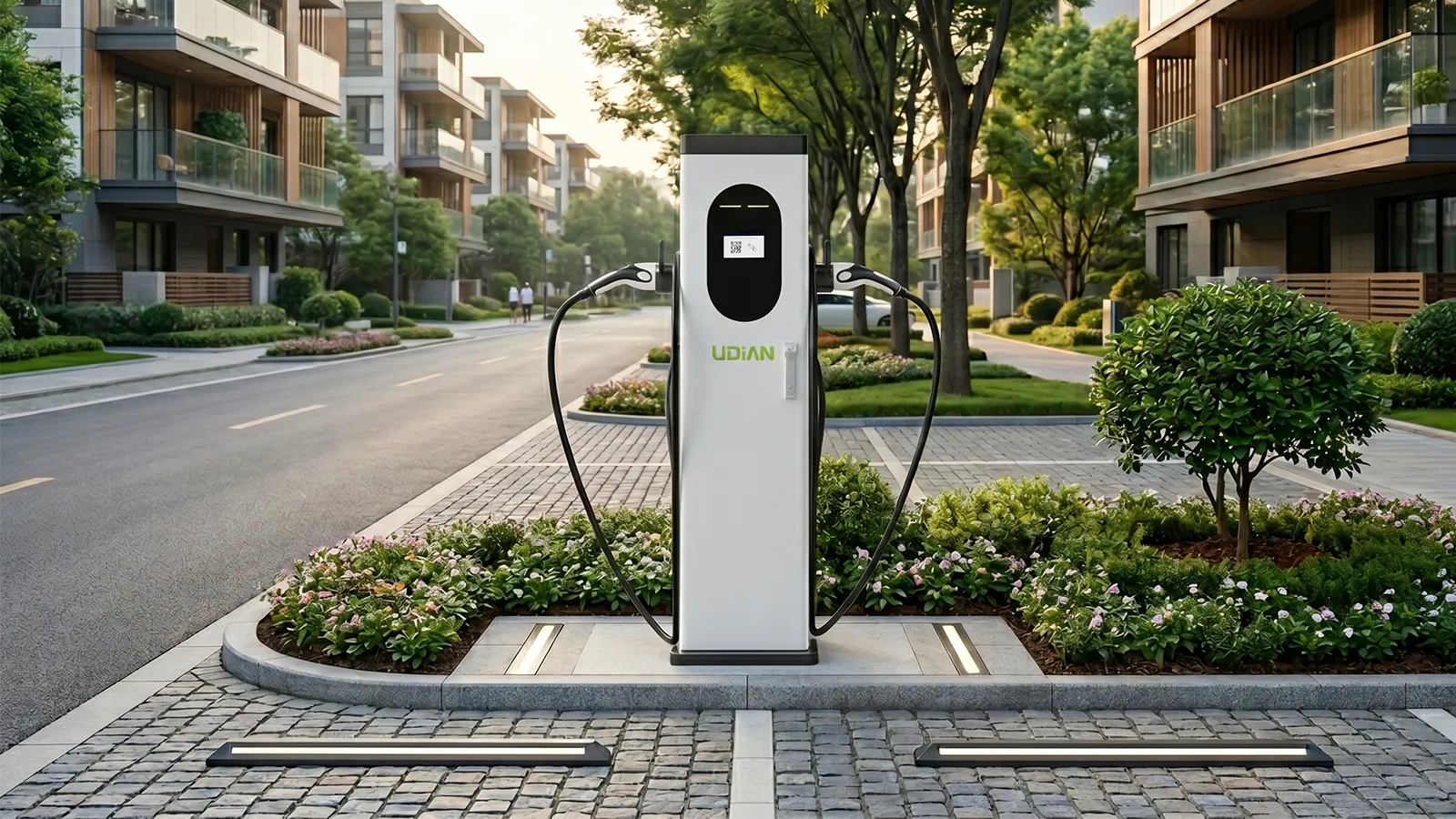 Dual-port AC EV charger floor-mounted front view for residential community parking lots twin charging statio